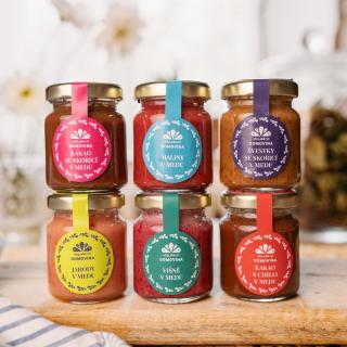 Včelařství Domovina Láskový 6x75 g ochutené  medy jahoda, višňa, kakao s čili, kakao so škoricou, malina, slivka so škoricou