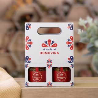 Včelařství Domovina Orechová nádielka darčekové balenie Uško 2x230 g orechy v mede Design: Domovina vlašáky, orechový mix salty