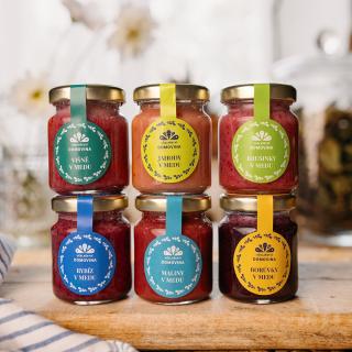 Včelařství Domovina Ovocné mámenie 6x75 g ochutené medy ríbezle, malina, čučoriedka, višňa jahoda, brusnica