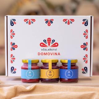 Včelařství Domovina Ovocné mámenie darčekové balenie 3x170 g ochutené medy Design: Domovina malina, čučoriedka, ríbezľa