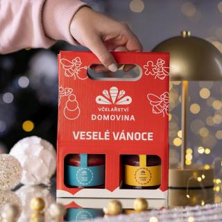 Včelařství Domovina Ovocné mámenie darčekové balenie Uško 2x170 g ochutené medy Design: Vánoce malina, čučoriedka