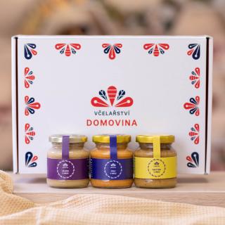 Včelařství Domovina Späť do formy darčekové balenie 3x170 g ochutené medy Design: Domovina zázvor, šípka, rakytník