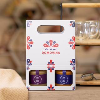 Včelařství Domovina Späť do formy darčekové balenie Uško 2x170 g ochutené medy Design: Domovina zázvor, šípka