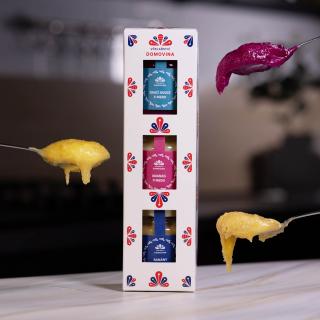 Včelařství Domovina Tropikáno darčekové balenie 3x75 g ochutené medy Design: Domovina ananás, banán, dračie ovocie