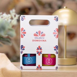Včelařství Domovina Tropikáno darčekové balenie Uško 2x170 g ochutené medy Design: Domovina ananás, dračie ovocie