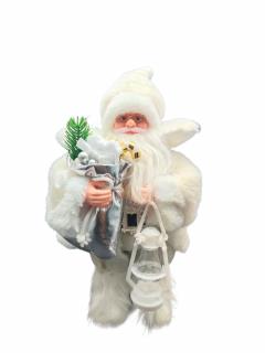 Vianočné dekorácie, spievajúci a tancujúci biely Santa Claus držiaci lampáš a nosiace darčeky, 36cm