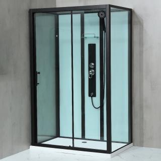 WellMall GLASS ROCKY 120x80 Čierny Masážny sprchový box obdĺžnikový s mramorovou vaničkou 8595703835933