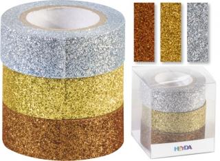 3 ks Páska 1,5 cm x 3 m Glitter meď/zlatá/strieborná
