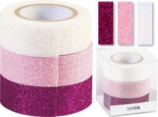 3 ks Páska 1,5 cm x 3 m Glitter pink/ružová/biela