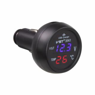 Digitálny voltmeter s teplomerom + USB nabíjačka do CL zásuvky, 12-24V