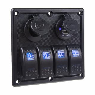 Panel s 4x spínačmi Rocker, CL + USB zásuvka, 12/24V