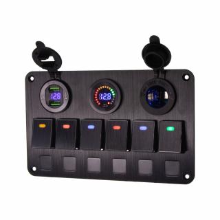 Panel s 6x spínačmi, CL, voltmeter + USB zásuvka, 12/24V
