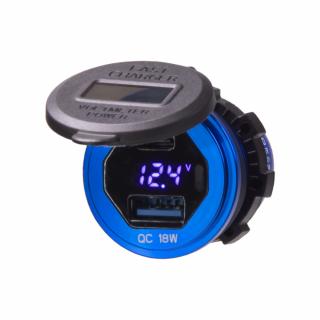 USB nabíjačka QC + USB-C s voltmetrom/wattmetrom, hliníková do panelu, 18W + 45W