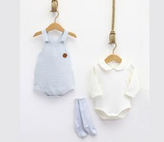 Elegantní dětská souprava - Body s límečkem a modré trakové body a podkolenky Velikost: 0-1m