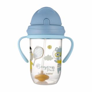 Canpol babies netečúci hrnček so slamkou so závažím 270ml 6m+ BONJOUR PARIS modrý