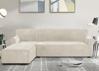 Strečový elastický plyšový poťah na trojmiestnu rohovú pohovku BestBerg / ľavý / krémový
