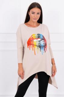 Dámska blúzka oversize s potlačou 9006 - béžová - Uni