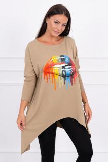 Dámska blúzka oversize s potlačou 9006 - kamelová - Uni