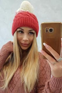 Dámska čiapka s brmbolcom K218 - malinovo-krémová - Uni
