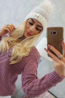 Dámska pletená čiapka s brmbolcom K179 - svetlosivá - Uni
